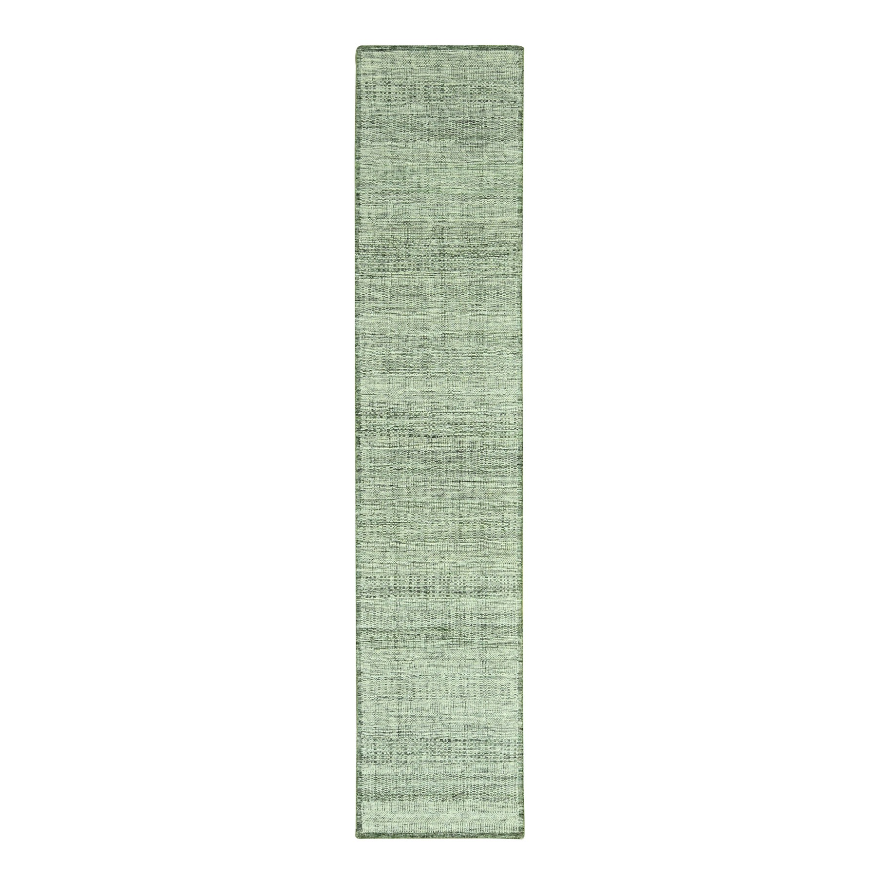 Sage Green, 100% Wool, Oxidized and Distressed Grass Design with Exposed Warps,  Hand Knotted, Runner, Oriental Rug